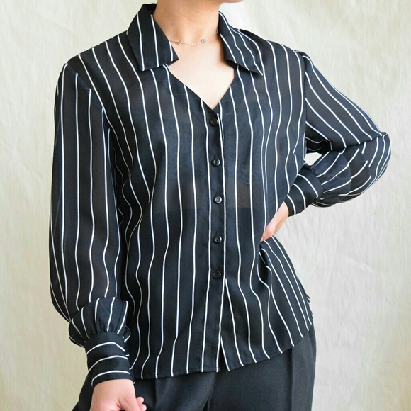 Classic black white sheer dress shirt Small - Picture 8 of 9